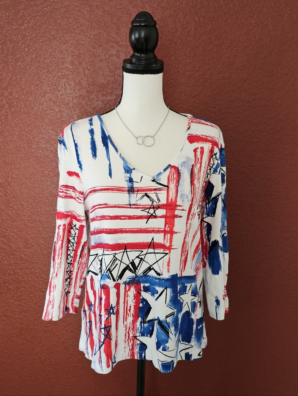 Chico's Red, Blue & White Abstract Flag-Style V-Neck Top - Picture 2 of 8